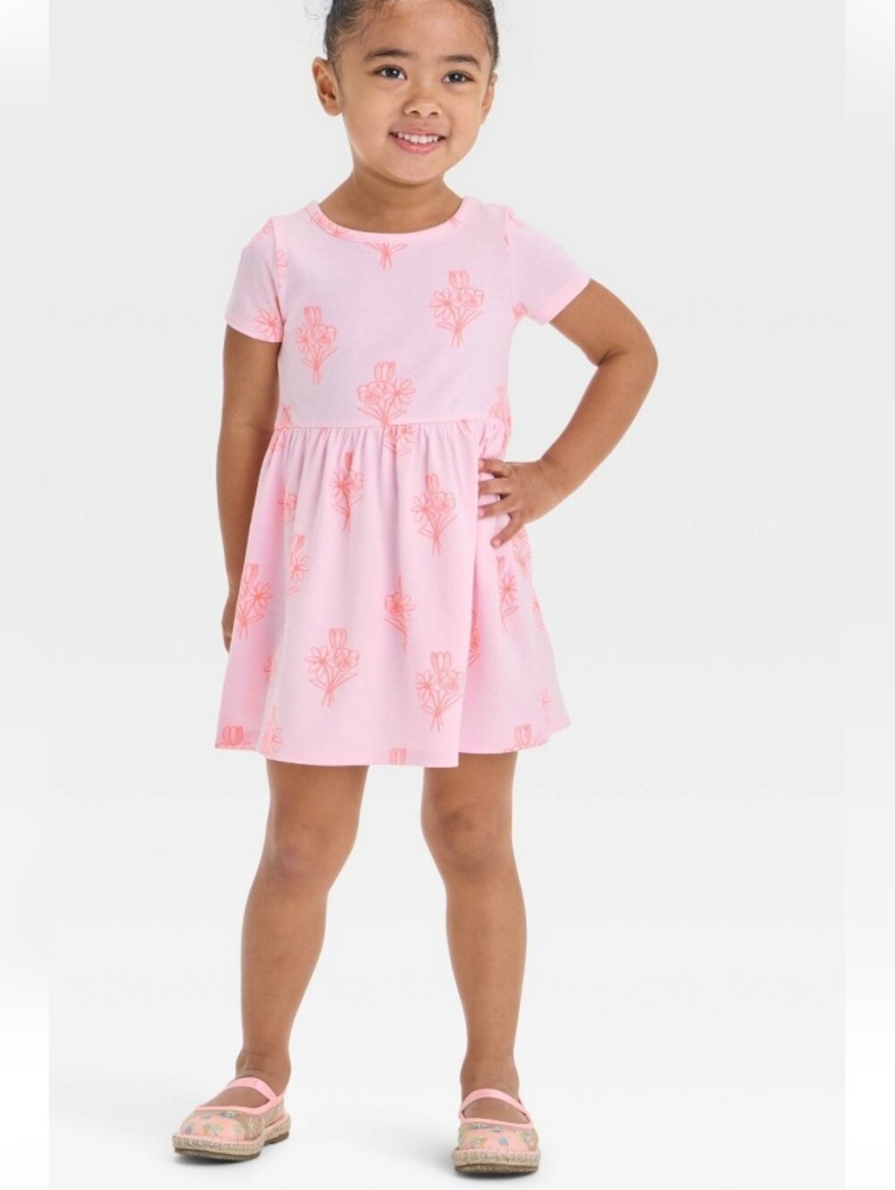Cat & Jack Toddler Girls Pink Neon Floral Short Sleeve Jersey Dress